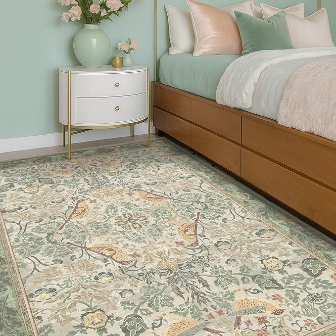Washable 4x6 Entryway Rug, Sage Green Area Rugs for Living Room, Bedroom, Large Kitchen, Office, Boho Botanical Decor, Non-Slip Low Pile Ultra Soft Carpet