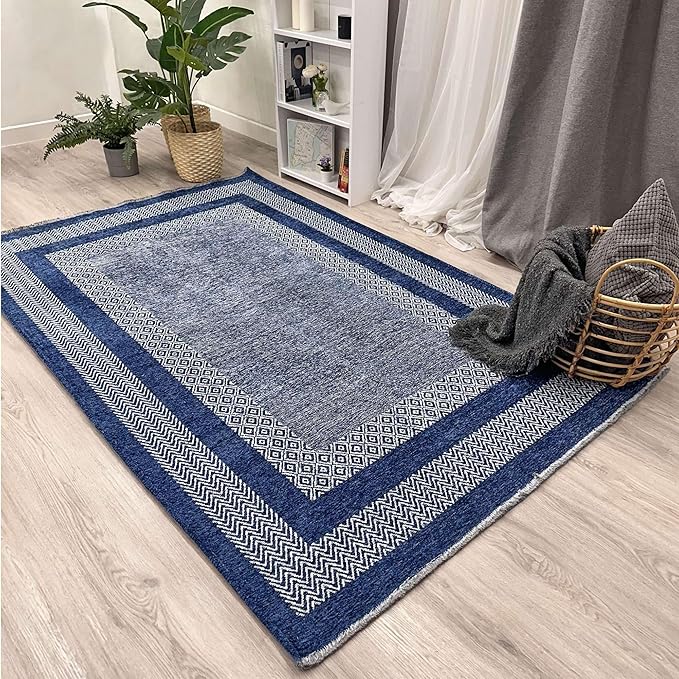 Alfa Rich 4x6 Navy Blue Washable Area Rugs for Living Room Bedroom Kitchen Cotton Pet Friendly Rug