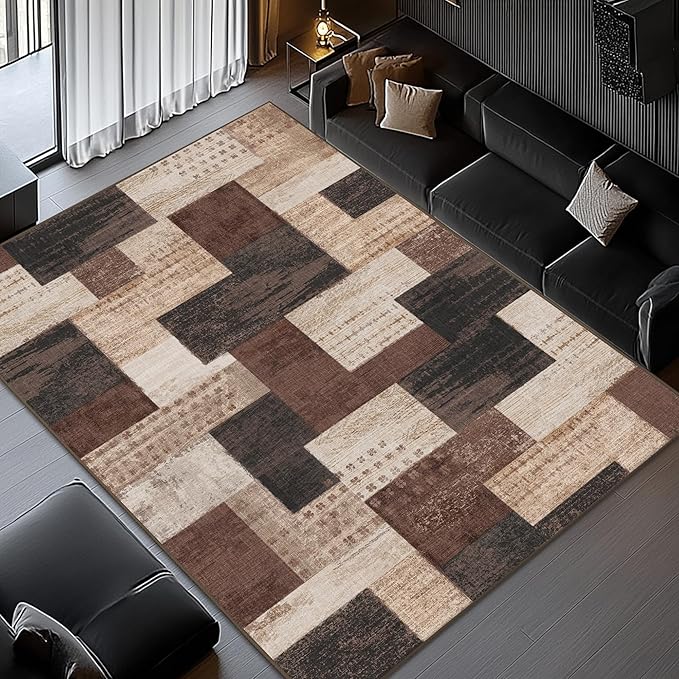 Modern Geometric Patchwork Indoor Area Rug for Living Room, Chocolate 9'x 12' Large Rug Rockwood Collection Hardwood Floors Decor for Bedroom, Brown Throw Carpet for Office Entryway Dining Room