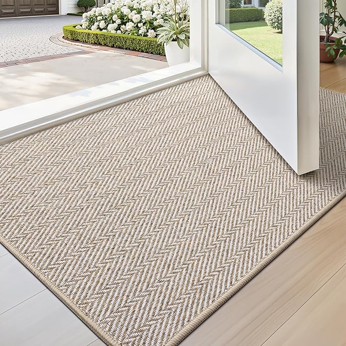 LUMI Ultra Thin Indoor Door Mat for Entrance 17"x30", Non Slip Entryway Mat, Low Profile Doormat, Unique Herringbone Design Carpet for Inside, Patio, Porch, Beige
