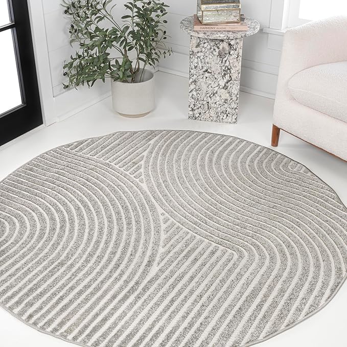 JONATHAN Y Hallie High-Low Curve Gray/Ivory 5' Round Indoor/Outdoor Area Rug, Minimalist, Pet Friendly, Non-Shedding, Stain Resistant, Hose-Washable for Backyard, Patio, Porch (SCN100A-5R)