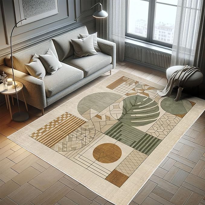 Ambesonne Mid Century Modern Boho Decorative Rug, Monstera Leaf Geometric Grid Ornaments and Circles, Quality Carpet for Bedroom Dorm and Living Room, 2' 2" x 3' 7", Tan Ginger and Laurel Green