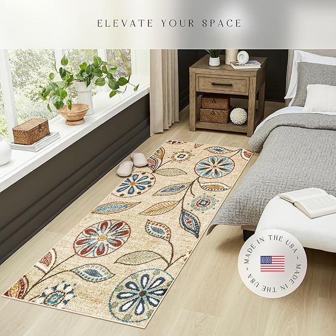 Maples Rugs Reggie Floral Runner Rug - Made in USA - Washable, Non Slip Indoor Carpet for Kitchen, Hallway, and Laundry Room, 2'6" x 8', Beige