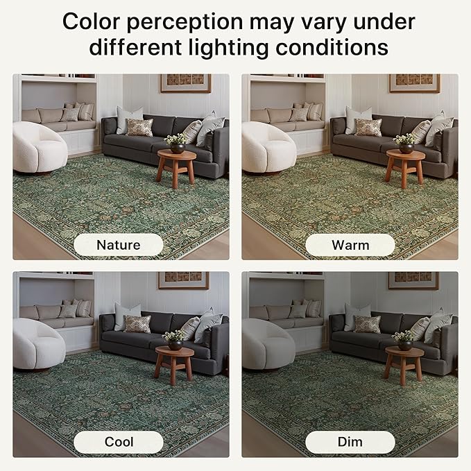Bavni Round Rug 5ft-Machine Washable Area Rugs Non-Slip for Bedroom, 5x5 Vintage Floral Rug Distressed Throw Carpet for Living Room Nursery Kitchen Bathroom, Forest Green