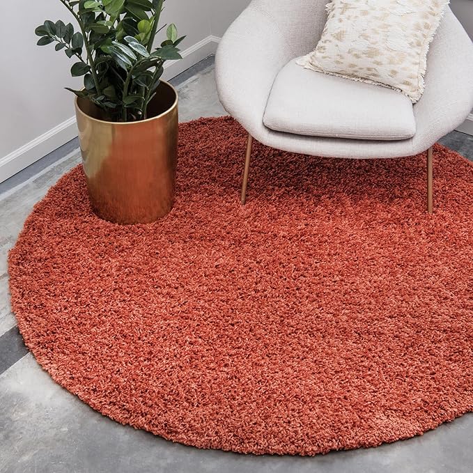 Unique Loom Solid Shag Collection Area Rug (5' 3" Round, Terracotta)