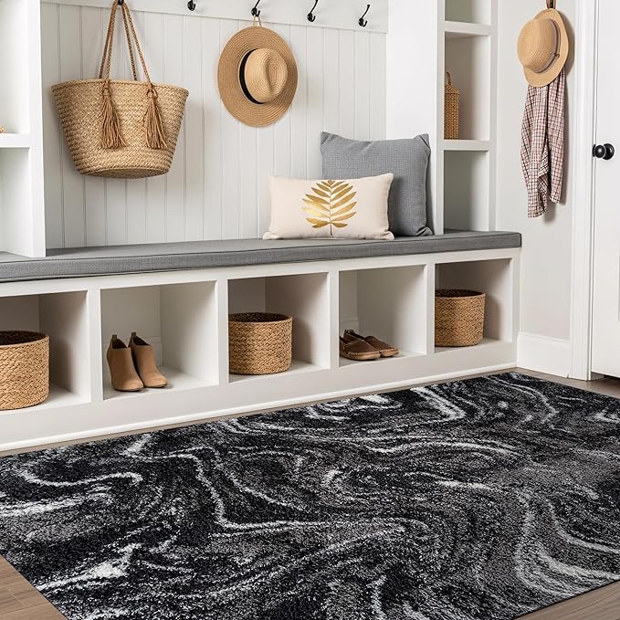 Rugshop Abstract Marble Shag Area Rug Anthracite Dark Gray 4' x 6' Ideal for Small Living Rooms, Offices, or Beside The Bed
