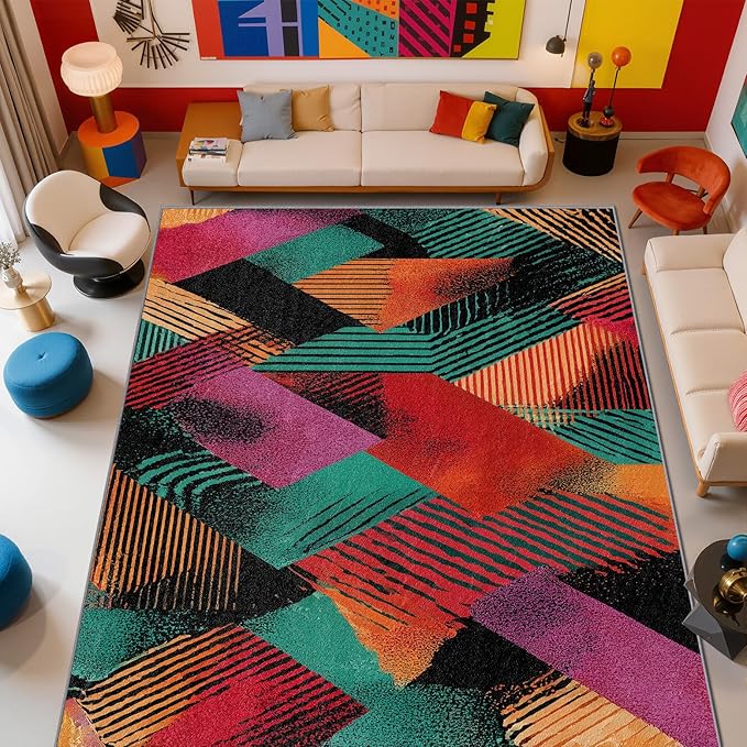 Abstract Rug, Colorful Geometric Patchwork Area Rugs 5x6, Retro Aesthetic Non Slip Thin Carpets House Decor #C032