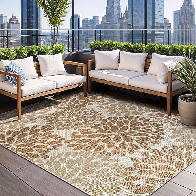 Beverly Rug Outdoor Rug 5x7 Modern Exotic Tropical Leaf Area Rugs for Indoor and Outdoor Patio Deck Porch Garden Water Resistant Washable Outside Carpet (5 x 7 Beige)