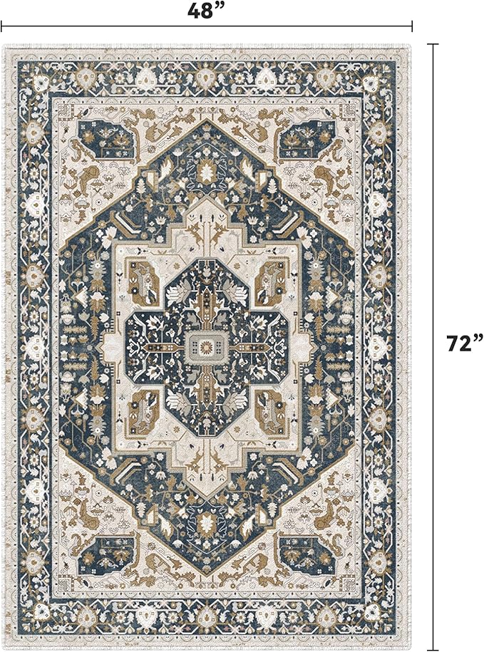 EnHomee 4x6 Washable Area Rugs for Bedroom, Boho Vintage Rugs, Foldable Area Rug for Dining Room, Non-Slip Soft Living Room Rug, Low Pile Large Carpet for Bathroom, Blue and Brown