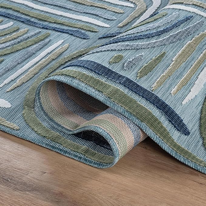 CAMILSON Indoor Outdoor Rug, Aqua 8x10 Geometric Arch Striped Area Rugs for Patio and Home Areas, Easy-Cleaning Non-Shedding Living Room, Garden and Deck Washable Outside Carpet (8 x 10)