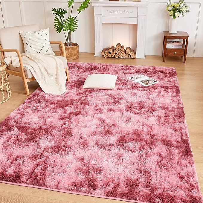 Andency Soft Area Rugs for Living Room Bedroom, 3x5 Non-Slip Fluffy Shag Carpet, Indoor Floor Fuzzy Shaggy Living Room Plush Rug for Kids Dorm Nursery Home Decor Aesthetic, Tie-Dyed Dark Red