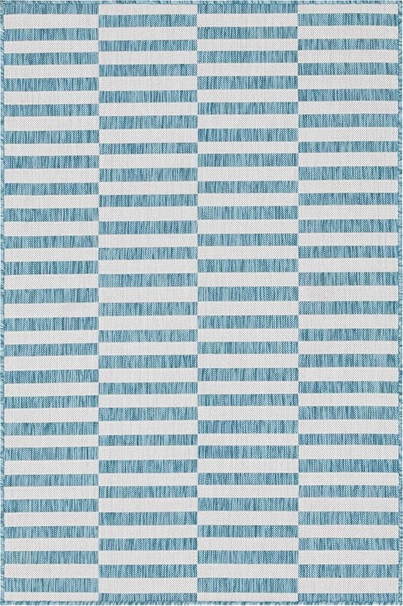 Unique Loom Outdoor Striped Collection Area Rug - Striped (4' 1" x 6' 1" Rectangle, Light Aqua/Ivory)