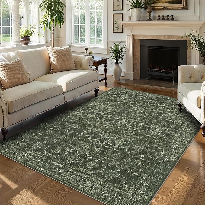 Washable Area Rug 5x7 Green Rugs for Living Room, Vintage Boho Large Rug for Bedroom Dining Room Office, Distressed Floral Print Carpet for Under Table, Soft Non Slip Low Pile Throw Carpet Indoor Mat