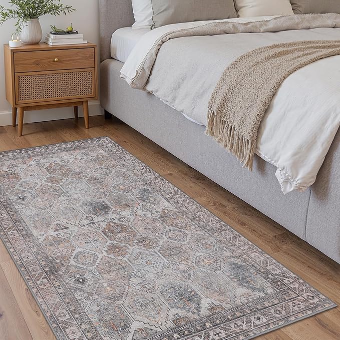 Bavni Kitchen Rug 2x7 Runner Rugs for Hallways Entryway, Washable Vintage Print Carpet, Ultra-Thin Chenille Low Pile Lightweight Rug with Non Slip Backing, Retro Grey