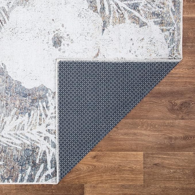 Bloom Rugs Washable Non-Slip 6' x 9' Rug - Tan/Brown/Blue Modern Floral Area Rug for Living Room, Bedroom, Dining Room, and Kitchen - Exact Size: 6' x 9'