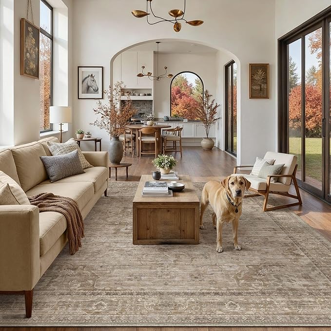 HUGEAR Washable 8x10 Area Rugs Retro Brown Living Room Bedroom Rug Vintage Distressed Non Slip Stain Resistant Low Pile Neutral Throw Carpet for Home Decor