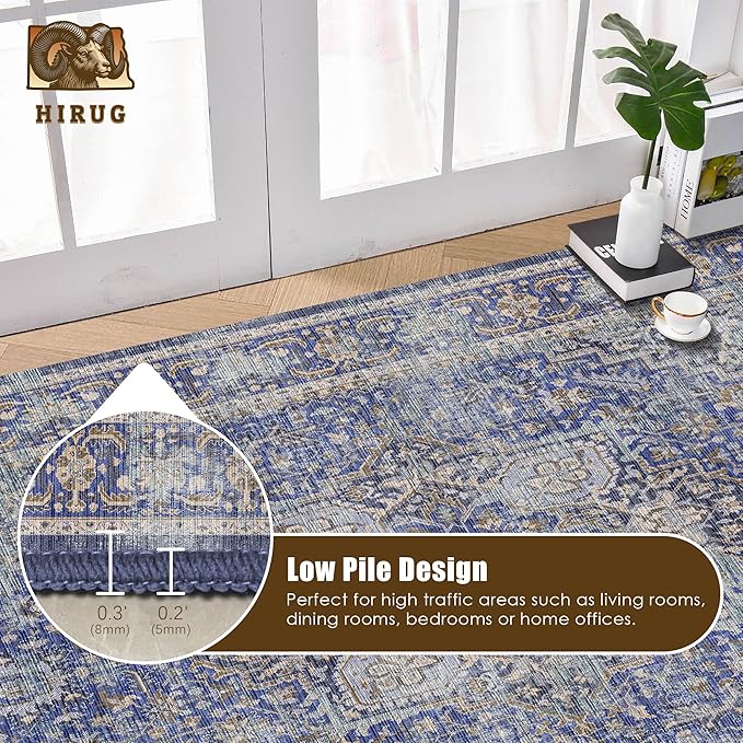 Washable Area Rug 5' x 7' Vintage Traditional Persian Mat - Foldable Distressed Non-Slip Machine Washable Carpet for Living Room Bedroom Kitchen Home Decor - Indigo and Gold
