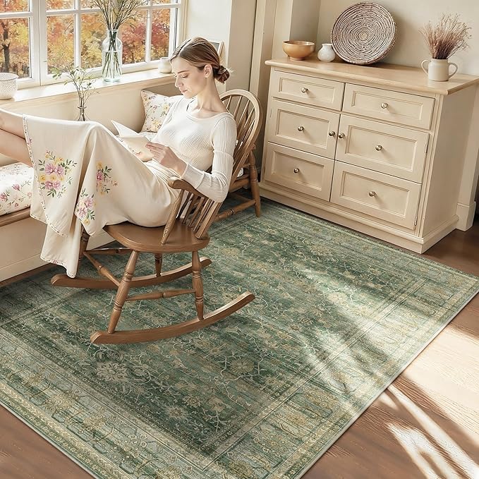HelloTree Vintage Area Rug 3x5 Green Entryway Office Washable Carpet Non Slip Backing Printed Distressed Rugs for Bedroom Vintage Boho Tribal Area Rugs for Bathroom Bedroom Dining Living Room-Green
