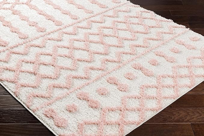 Hauteloom Tilos Moroccan Farmhouse Small Shag Area Rug Door Mat - Shaggy Carpet - Trellis Pattern - High Plush Pile - Cream, Pink, Beige - 2' x 3'