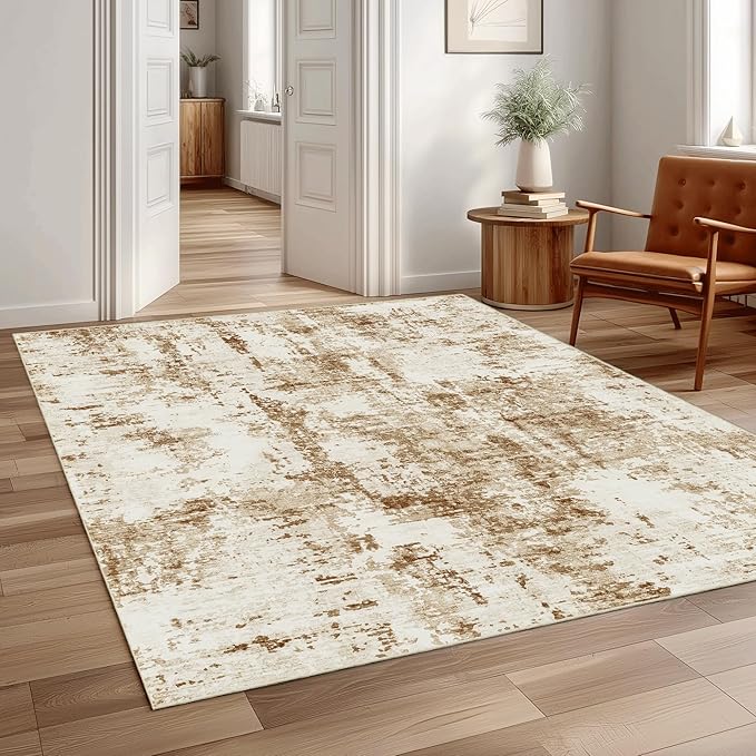 FMFUNCTEX 4x6 Washable Area Rug Brown Beige Abstract Modern Neutral Non Slip Low Pile Indoor Carpet Soft Thin Throw Rug for Entryway Entrance Living Room Bedroom Dining Office Nursery Kitchen Laundry