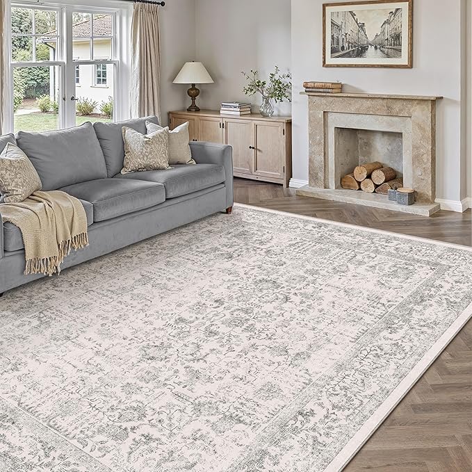 Gray Area Rug 8x10 Machine Washable Large Vintage Living Room Distressed Non Slip Carpet Traditional Indoor Bedroom Grey Retro Floral Accent Throw Rug for Office Kitchen Dining Room