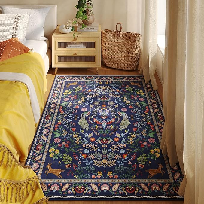 Rugcomf 3x5 Rug Washable Area Rug Floral Office Rug Non Slip Small Carpet for Bedroom, Bedside, Kitchen, Entryway, Kids Room, Office(Blue)