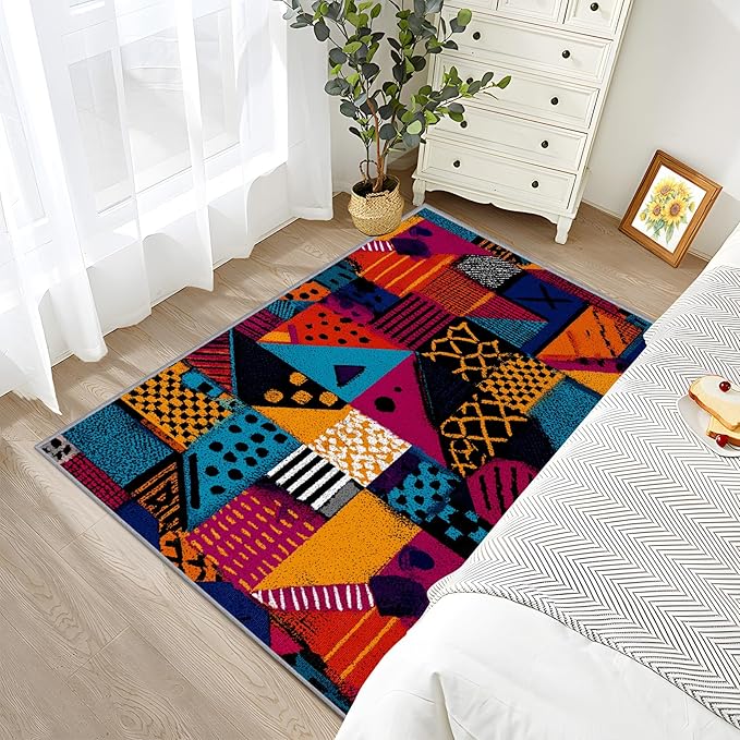 Patchwork Rug - 4x6 Rug, Geometric Abstract Area Rugs, Multicolor Retro Aesthetic Low Pile Stain Resistant Floor Carpets House Decor #C018