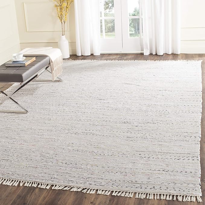 SAFAVIEH Rag Rug Collection Area Rug - 9' Square, Ivory & Multi, Handmade Boho Stripe Cotton, Ideal for High Traffic Areas in Living Room, Bedroom (RAR121G)
