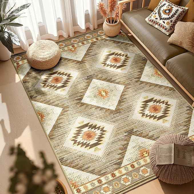 Area Rug 3x4 Rug Machine Washable Non-Slip Low Pile Print Pattern Western Rug for Living Room Bedroom Entryway Tribal Series-Cream/Camel
