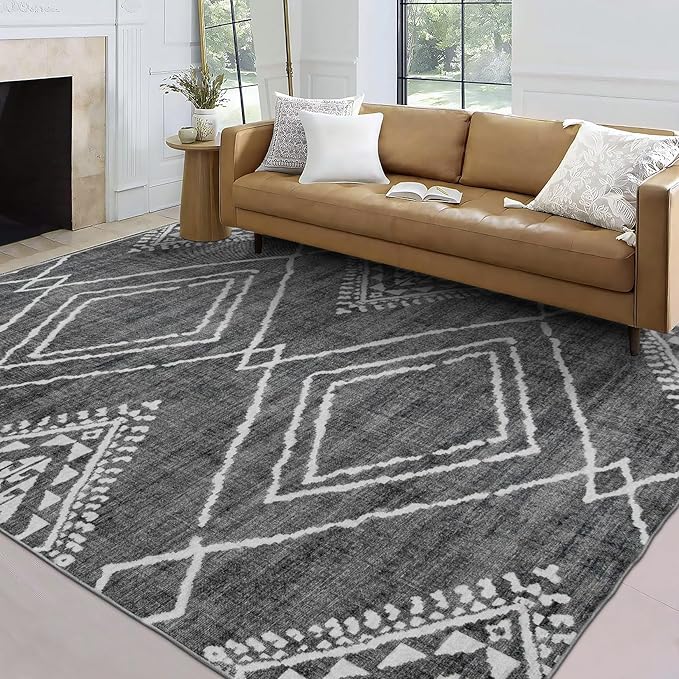 ReaLife Rugs Machine Washable Area Rug - Living Room Bedroom Bathroom Kitchen Entryway Office - Padded Low Pile Stain Resistant Premium - Moroccan Diamond Tribal - Jax - Gray 7'6" x 9'6"