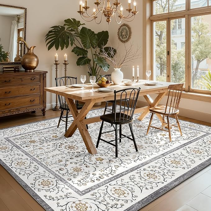 GarveeHome Boho 5x7 Area Rug for Bedroom, Floral Vintage Rugs for Living Room with Soft Low Pile, Non Slip Botanical Washable Rugs 5x7 for Dining Room Grey Carpet for Entryway Dorm Office Playroom