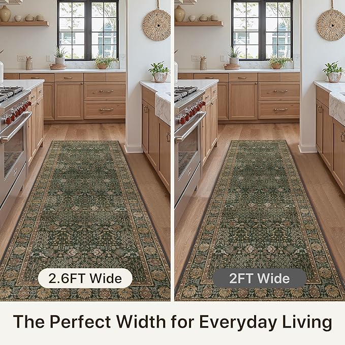 Bavni Washable Rug Runners for Hallways-Vintage Runner Rug 2'6''x10 Low Pile Floral Rugs, Non-Slip Indoor Throw Carpet for Living Room Bedroom Kitchen, Dark Green/Multi