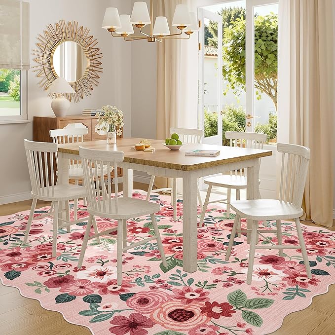 DUKINO 8x10 Area Rug, Floral Washable Rugs for Living Room with Non Slip Backing & Non-Shedding, Lightwight Low Pile Boho Design Large Carpets for Bedroom, Living Room, Dining Room, Pink