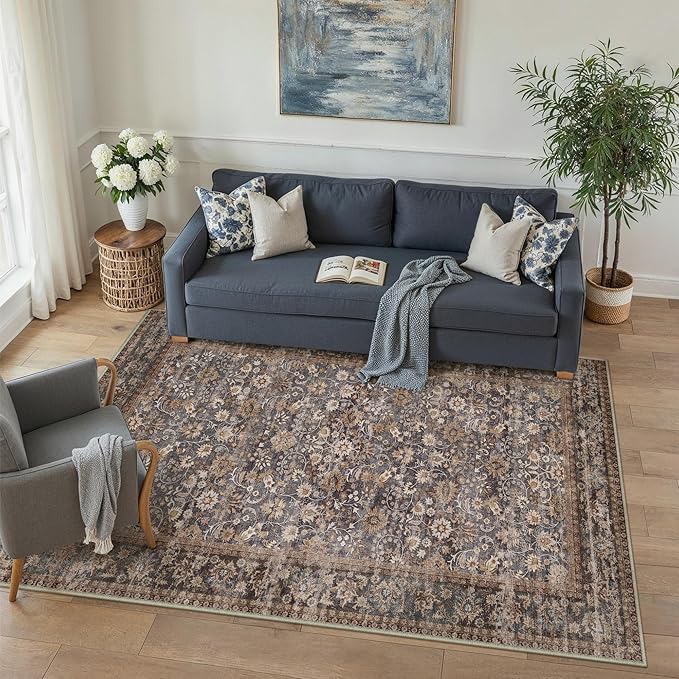 HUGEAR 3x5 Machine Washable Rugs Tradition Brown Hallway Area Rug Indoor Accent Rug Floral Low Pile Carpet Soft Throw Rug Bedroom Living Room Office Dining Room Kitchen Laundry Room Non Slip
