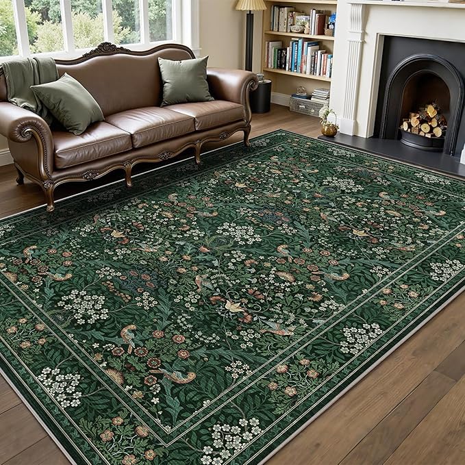 5x7 Floral Washable Area Rugs for Living Room, Vintage Boho Large Rug for Bedroom Dining Room， Distressed Botanical Birds Non Slip Low Pile Forest Throw Carpet for Farmhouse Office, Bright Green