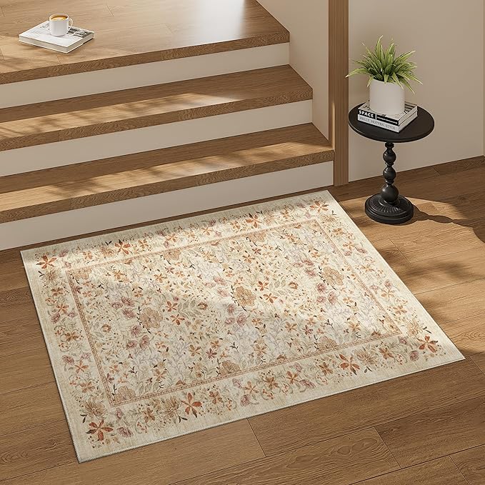 DUKINO 2x3 Entryway Rug, Floral Washable Area Rug with Non Slip Indoor Door Mat, Vintage Low Pile Small Front Door Throw Carpet for Kitchen, Entrance, Bathroom, Bedroom, Beige