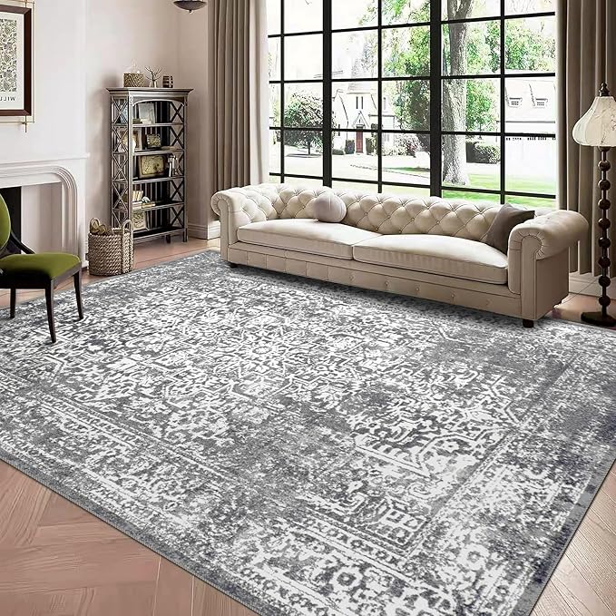 vivorug 9x12 Area Rugs, Stain Resistant Washable Rug for Living Room, Vintage-Inspired Grey Rug