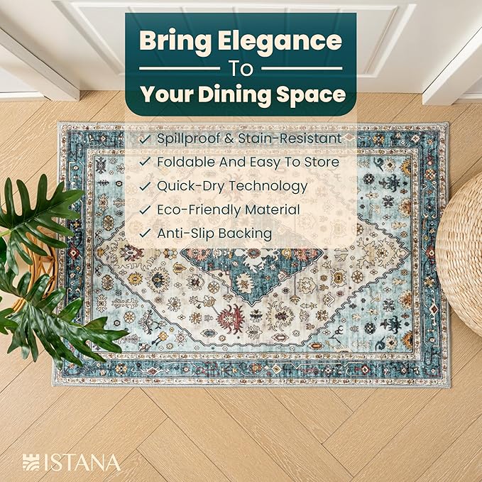Istana Area Rug 2x4 - White Cream & Blue 2x4 Washable Rug Non Slip - Pet Friendly Living Room Rug - Non Shedding Washable Rugs for Bedroom - Foldable Bathroom Rugs