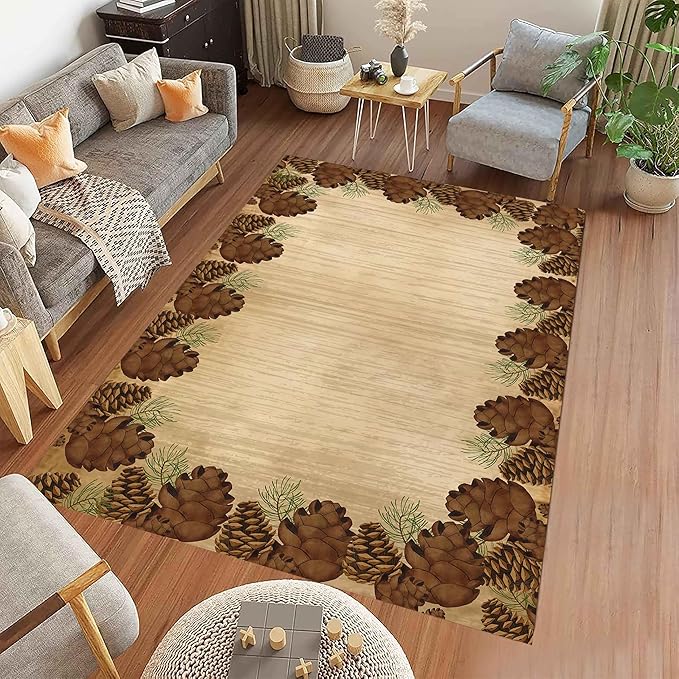 Rustic Lodge Brown Area Rug 5x8ft Pine Cone Leaf Botanical Print Home Decor Non Slip Washable Rug Pine Cones Area Rug Low Pile Thin Indoor Throw Carpet Rug for Laundry Dining Room Office