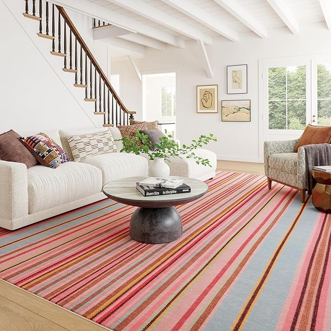 Dash & Albert Jamaica Stripe Multi Machine Washable Rug, 6 X 9 Feet, Blue/White Stripe Pattern