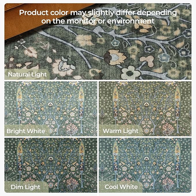 Kokia Boho Vintage Floral Area Rugs, Washable Oriental Botanical Rugs for Living Room, Bedroom, Dining Room, Office, Large Soft Indoor Area Rug, Sage Green，8x10
