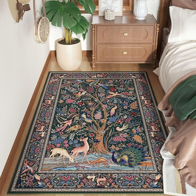 Rugcomf Area Rugs 4x6 Vibrant Tree of Life-Patterned Vintage Washable Rugs Non Slip Low Pile Small Carpet for Bedroom Bedside Kids Room Office Dining Room, Green