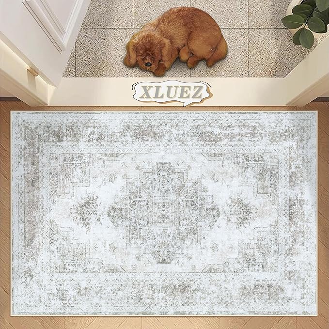 Entryway Rug 2x3 Vintage Rugs, Machine Washable Small Area Rug Retro Medallion Distressed Rugs Non-Slip Soft Low Pile Throw Rug for Entryway Bedroom Bathroom Hallway Kitchen(Taupe,2'x3')