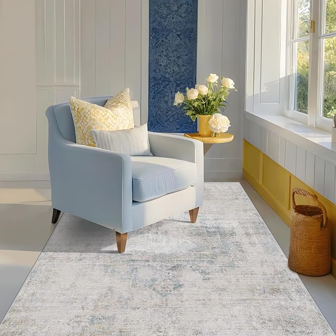 Low Pile Office Rugs for Rolling Chairs - 5x7 Abstract Rugs for Living Room, Large Entryway, Cream Slate Blue Decor, Non Slip with Rubber Backed & Stain Resistant