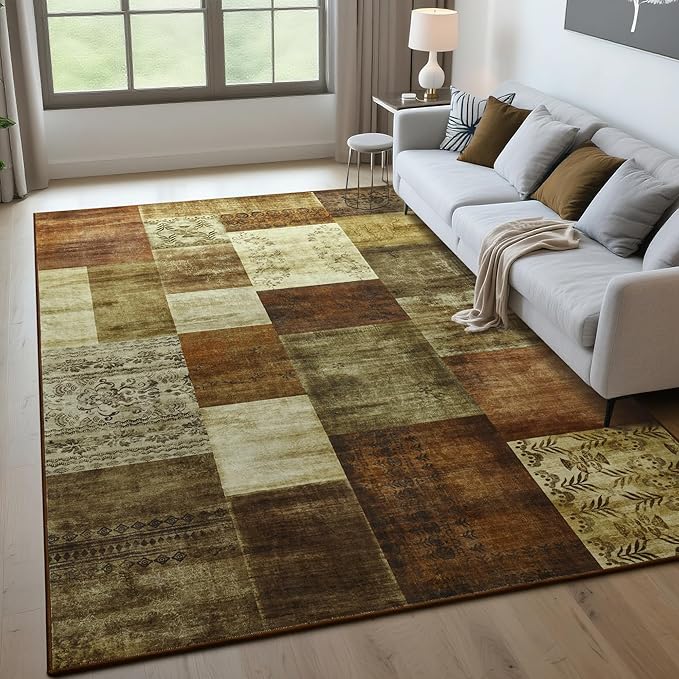 Tepook Modern Area Rug for Living Room, 6x9 Geometric Large Rugs for Bedroom, Washable Patchwork Rug Indoor Non-Slip Throw Carpets for Dining Room Office Farmhouse Home Decor, Brown