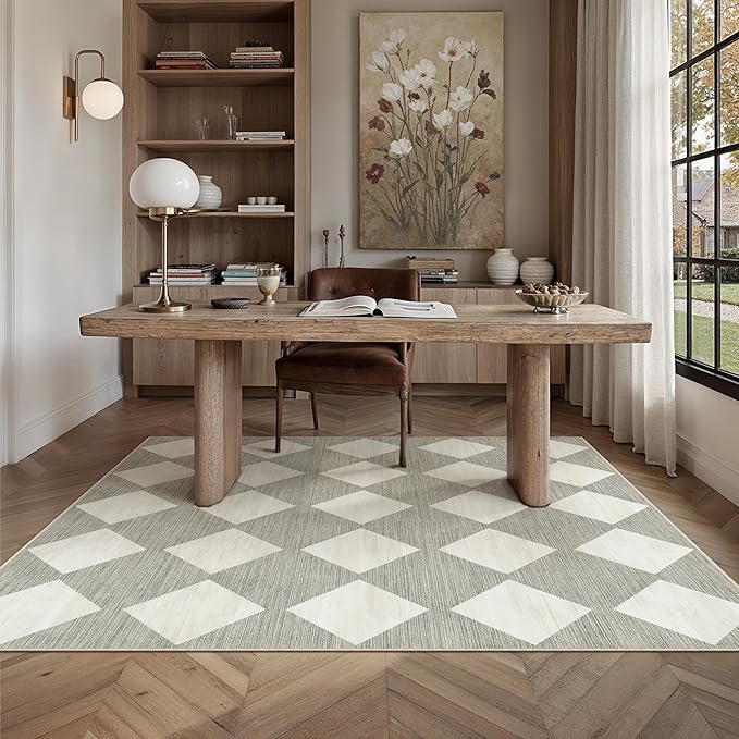 3x5 Checkered Area Rug Grey Machine Washable Small Rug Non-Slip Stain Resistant Low Pile Boho Accent Indoor Throw Carpet for Entryway Office Bedroom Dining Living Room