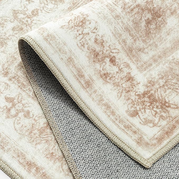 Runner Rug 2x5 Cream Hallway Washable Beige Carpet Non Slip Vintage Medallion Beige Carpet Low Pile Soft Distressed Retro Indoor Long Rug for Entryway Kitchen Bathroom Laundry Bedroom