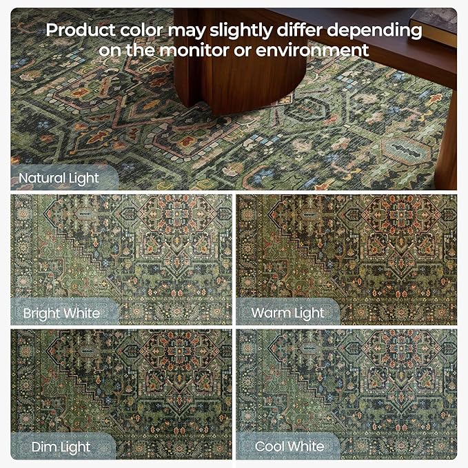 Kokia 9x12 Washable Area Rugs Dark Green with Vintage Orient Design, Soft Rug for Living Room or Bedroom, Non-Slip Low Pile Stain Resistance Features, Distressed Medallion Pattern