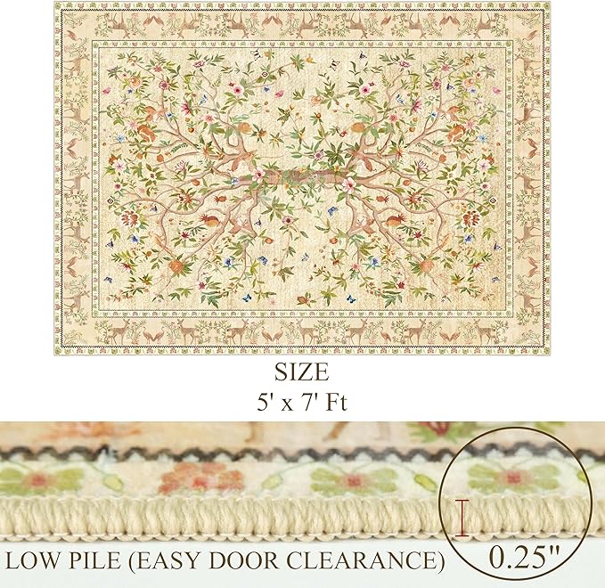 5x7 Area Rugs for Living Room, Machine Washable Non-Slip Carpet, Boho Floral Low Pile Throw Rugs for Bedroom, Dining Room, Office, Nursery, Vintage Home Decor（Beige）