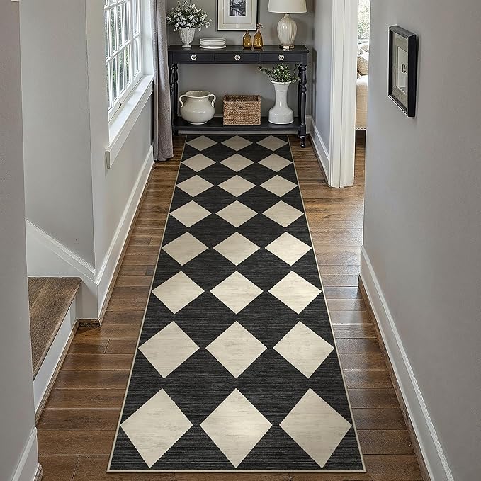 2x8 Runner Checkered Rug for Hallways Black Washable Long Carpet Non-Slip Low Pile Boho Indoor Accent Throw Rug for Entrance Kitchen Bedroom Dining Laundry